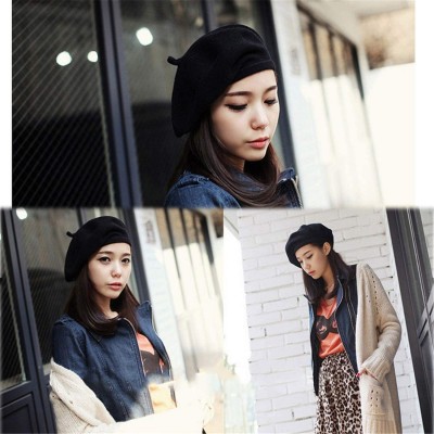 Berets Spring Beret Hat Flat Cap Women Wool Berets Hat Caps Casquette Female Warm Winter Cap - Light Brown - CH18A2Y936Q $16.10