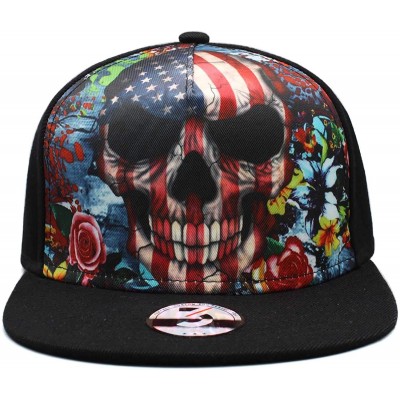 Baseball Caps Black American Skull Fitted Flat Brim Baseball Cap Snapback for Men Women Trucker Hat - Skull American Flag - C...