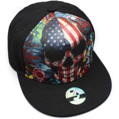 Baseball Caps Black American Skull Fitted Flat Brim Baseball Cap Snapback for Men Women Trucker Hat - Skull American Flag - C...