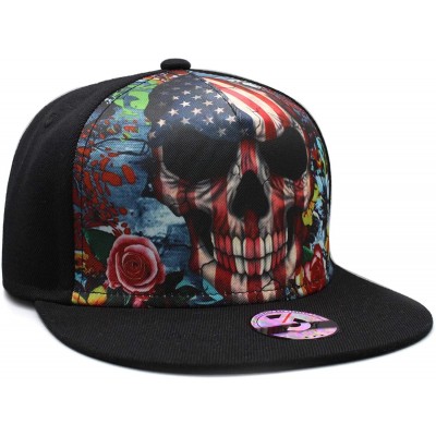 Baseball Caps Black American Skull Fitted Flat Brim Baseball Cap Snapback for Men Women Trucker Hat - Skull American Flag - C...