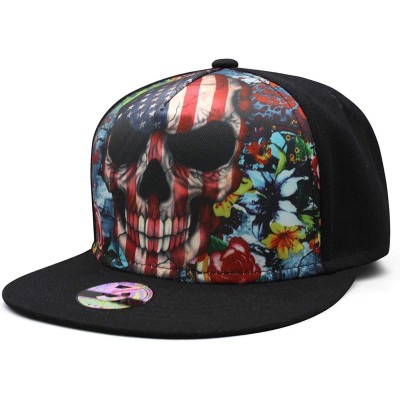 Baseball Caps Black American Skull Fitted Flat Brim Baseball Cap Snapback for Men Women Trucker Hat - Skull American Flag - C...