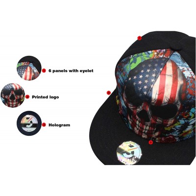 Baseball Caps Black American Skull Fitted Flat Brim Baseball Cap Snapback for Men Women Trucker Hat - Skull American Flag - C...