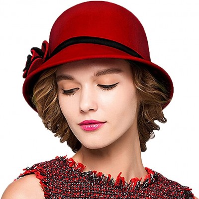Fedoras Women's Bow Wool Felt Bucket Hat - Red - CJ128NIYTZJ $45.46
