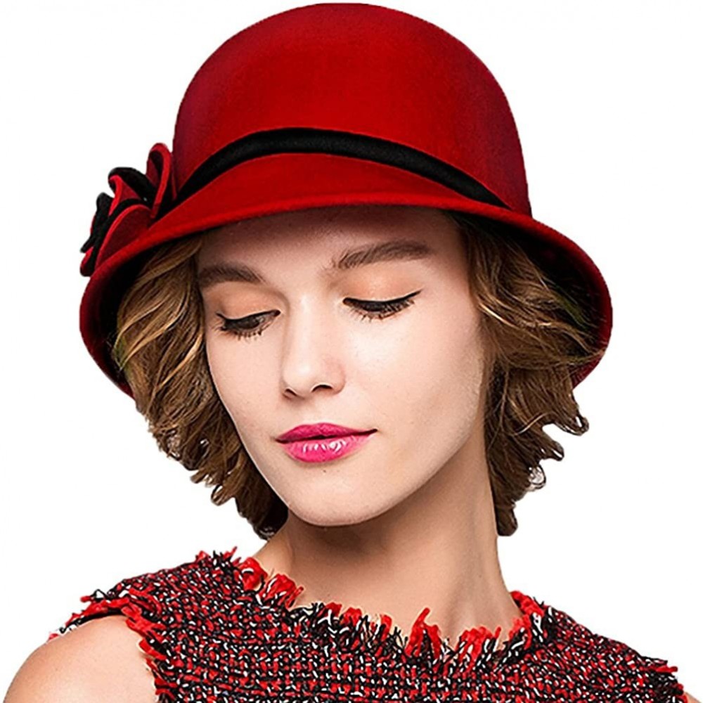 Fedoras Women's Bow Wool Felt Bucket Hat - Red - CJ128NIYTZJ $17.95