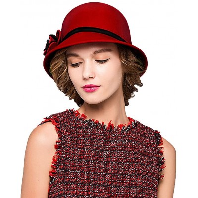 Fedoras Women's Bow Wool Felt Bucket Hat - Red - CJ128NIYTZJ $17.95