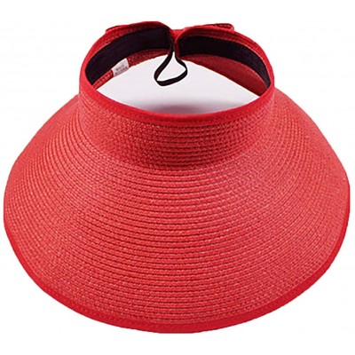 Sun Hats Women's Summer Foldable Straw Sun Visor w/Cute Bowtie Comfortable Beach Cap - Red - CS18RS7I5XX $11.56