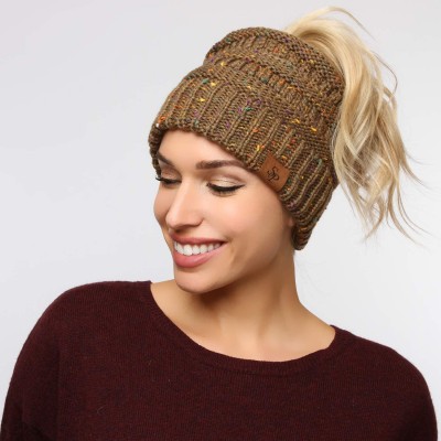 Skullies & Beanies Confetti Sparkle Knitted Ponytail Beanie with Stretch Cable on top for Messy Bun - Brown - CV18K5A6MTG $8.08