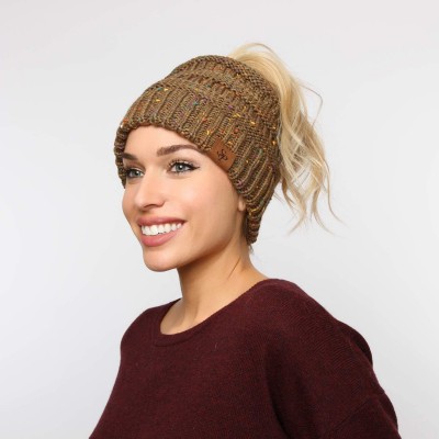 Skullies & Beanies Confetti Sparkle Knitted Ponytail Beanie with Stretch Cable on top for Messy Bun - Brown - CV18K5A6MTG $8.08