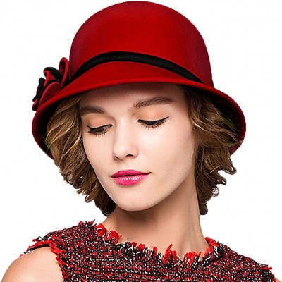 Fedoras Women's Bow Wool Felt Bucket Hat - Red - CJ128NIYTZJ $17.95