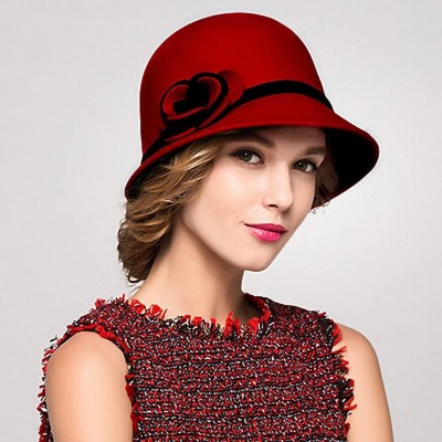 Fedoras Women's Bow Wool Felt Bucket Hat - Red - CJ128NIYTZJ $17.95