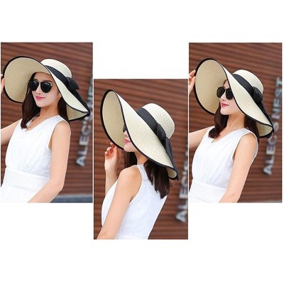 Sun Hats Women's Big Bowknot Straw Sun Hat Floppy Foldable Roll up UV 50+ Beach Cap - White With Black Bow - CC18S63GNTR $10.26