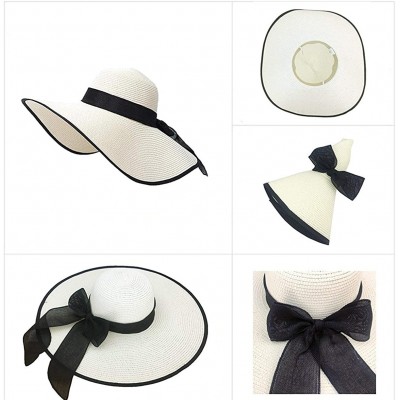 Sun Hats Women's Big Bowknot Straw Sun Hat Floppy Foldable Roll up UV 50+ Beach Cap - White With Black Bow - CC18S63GNTR $10.26