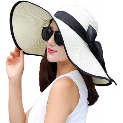 Sun Hats Women's Big Bowknot Straw Sun Hat Floppy Foldable Roll up UV 50+ Beach Cap - White With Black Bow - CC18S63GNTR $10.26