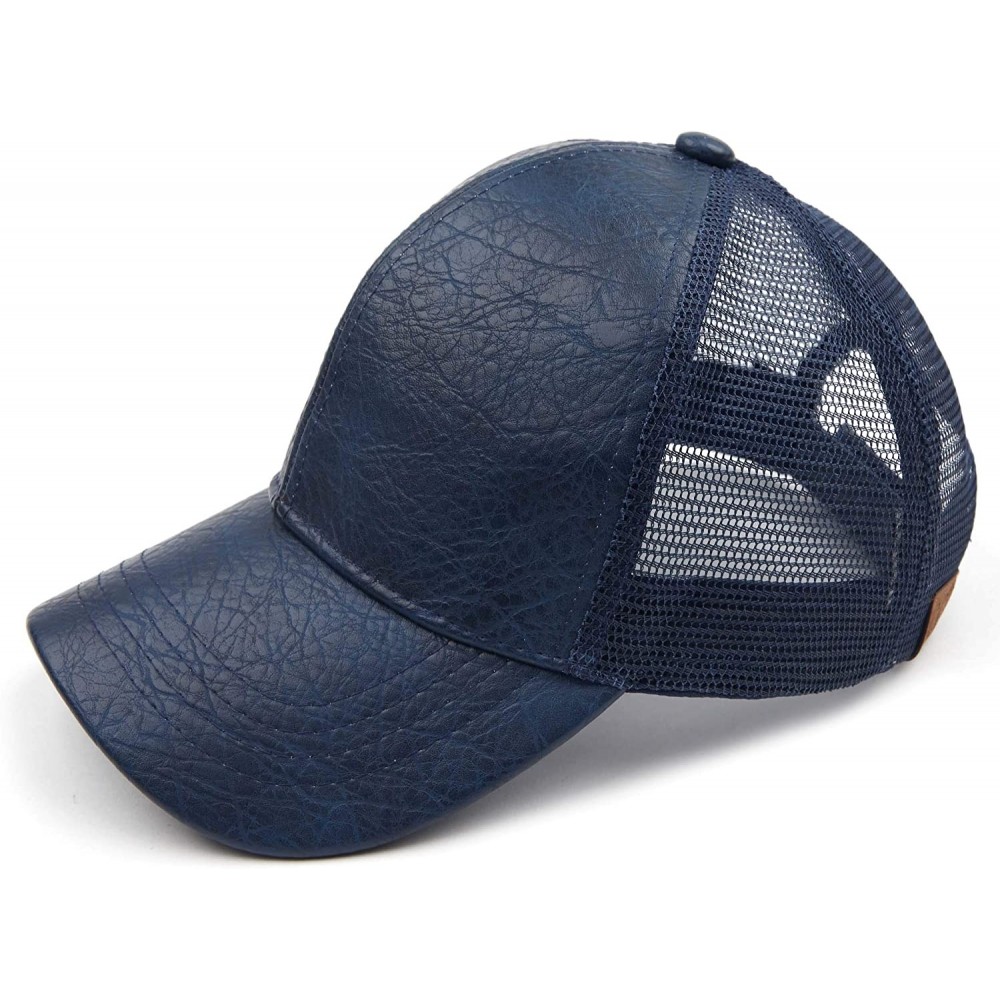 Baseball Caps Hatsandscarf Mesh Trucker Faux Leather Textured Baseball Cap (BA-27) - Navy - C618Q798U2Z $9.48