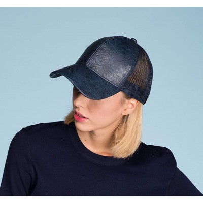 Baseball Caps Hatsandscarf Mesh Trucker Faux Leather Textured Baseball Cap (BA-27) - Navy - C618Q798U2Z $9.48