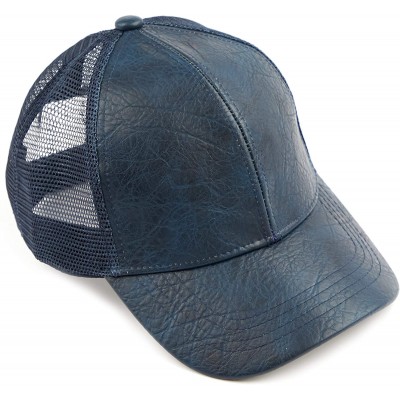 Baseball Caps Hatsandscarf Mesh Trucker Faux Leather Textured Baseball Cap (BA-27) - Navy - C618Q798U2Z $9.48