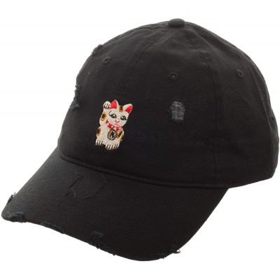 Baseball Caps Maneki-Neko Chinese Japanese Lucky Cat Distressed Ball Cap Hat Black - CN1967ZOK34 $17.72