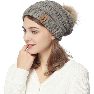 Skullies & Beanies Womens Winter Knit Beanie Hat Slouchy Warm Raccoon Fur Pom Pom Hat Caps for Women Ladies Girls - CA18ZXUXZ...