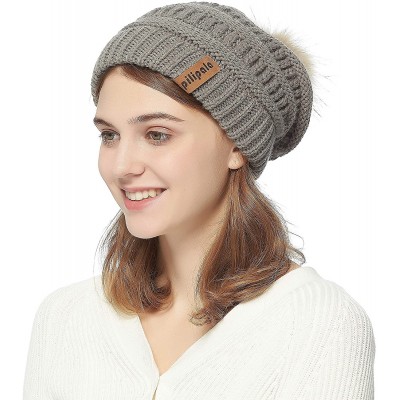 Skullies & Beanies Womens Winter Knit Beanie Hat Slouchy Warm Raccoon Fur Pom Pom Hat Caps for Women Ladies Girls - CA18ZXUXZ...