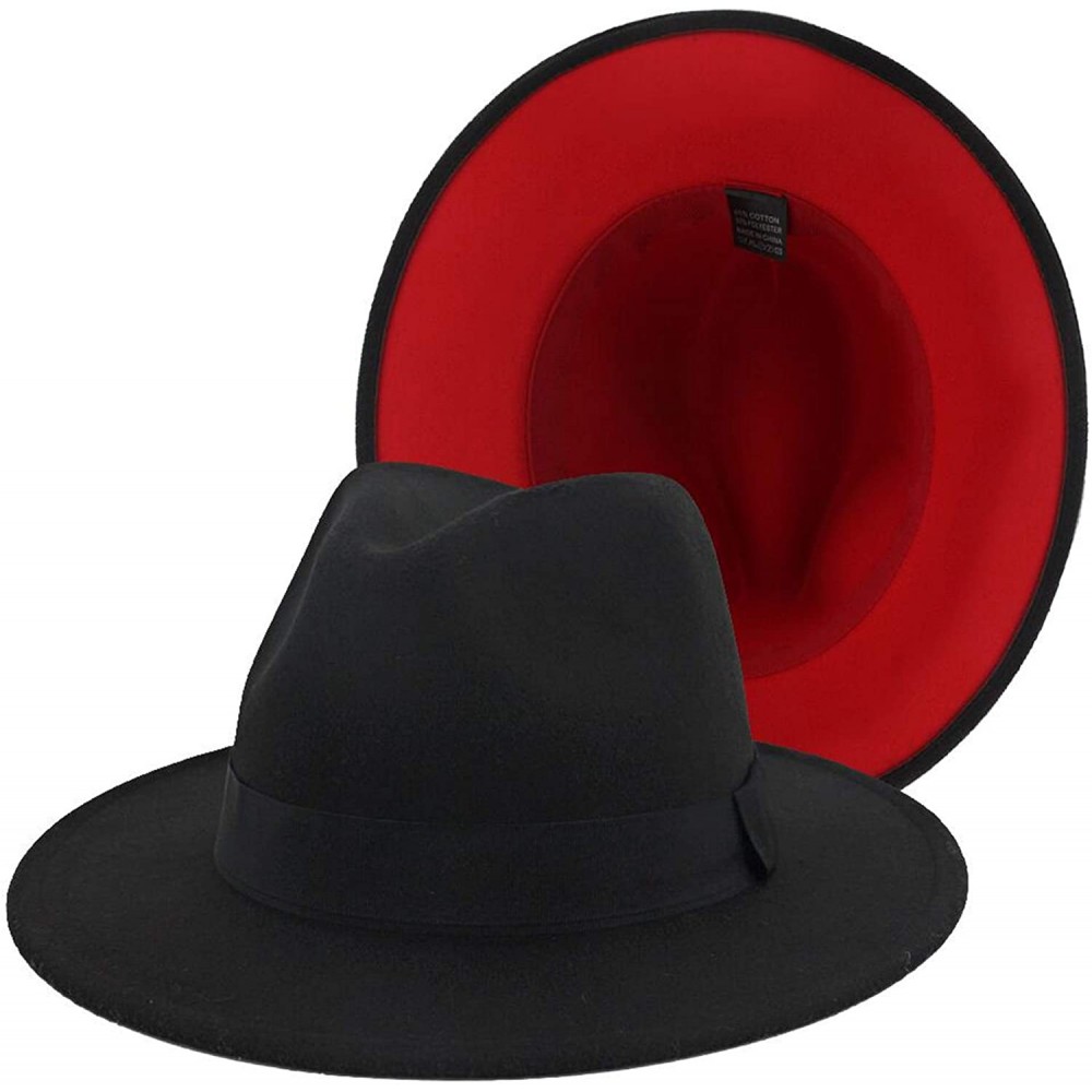 Fedoras Mens & Womens Black and Red Wide Brim Fedora Hat with Belt Buckle Band Two Tone Felt Panama Hat - Black-2 - CB18AXR3G...