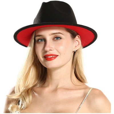 Fedoras Mens & Womens Black and Red Wide Brim Fedora Hat with Belt Buckle Band Two Tone Felt Panama Hat - Black-2 - CB18AXR3G...