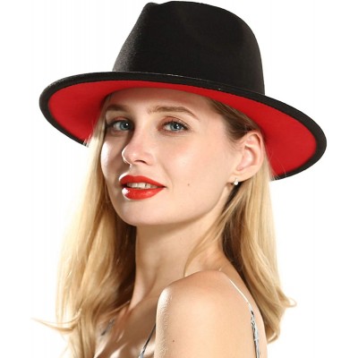 Fedoras Mens & Womens Black and Red Wide Brim Fedora Hat with Belt Buckle Band Two Tone Felt Panama Hat - Black-2 - CB18AXR3G...