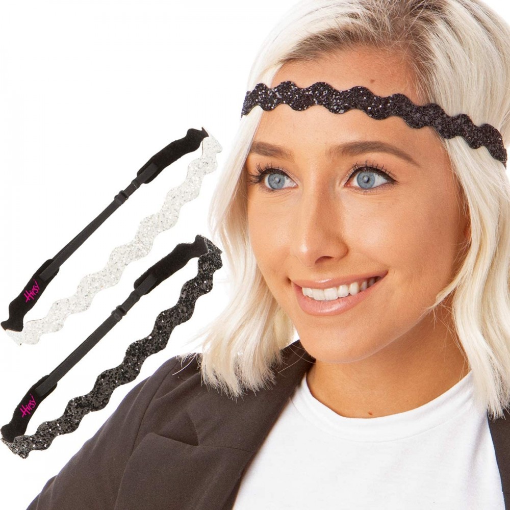 Headbands Women's Adjustable NO Slip Wave Bling Glitter Headband - Black & White Wave 2pk - CJ11MPODWRJ $12.85