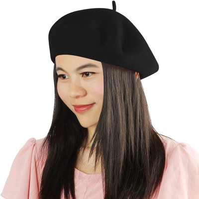 Berets French Beret- Lightweight Casual Classic Solid Color Wool Beret - Black - C8195SGD80E $10.68