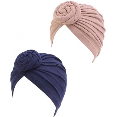 Skullies & Beanies Women's Knotted Hat Cap India's Hat Turban Headwear Beanie Chemo Cap Hair Loss Hat - Navy+light Tan - CK18...