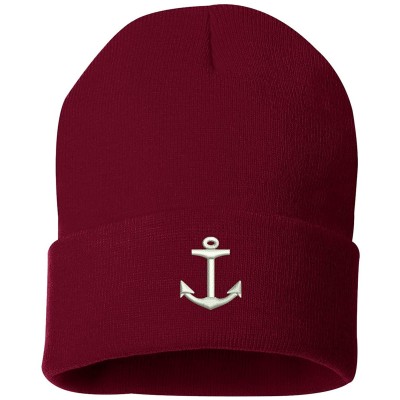 Skullies & Beanies Anchor Embroidered Beanie Cuffed Cap - Unisex Skullies Winter Hats - Burgundy - CH18LGRDZ4D $12.27