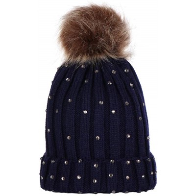 Skullies & Beanies Hats Pompom Rhinestone Decor Winter Kids Boy Girl Solid Color Beanie Cap Knitted Hat - Navy Blue - C718KH3...