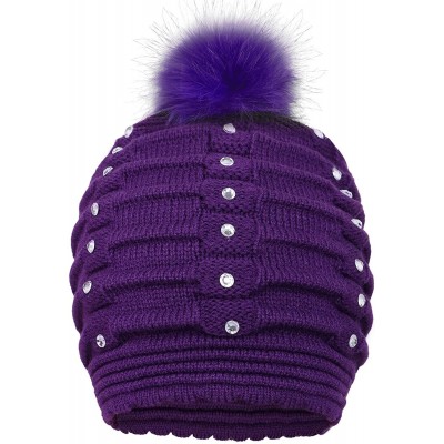 Skullies & Beanies Womens Faux Fur Pompom Knit Winter Beanie Hat w/Sequins - Purple - CZ188O37Z8A $11.67