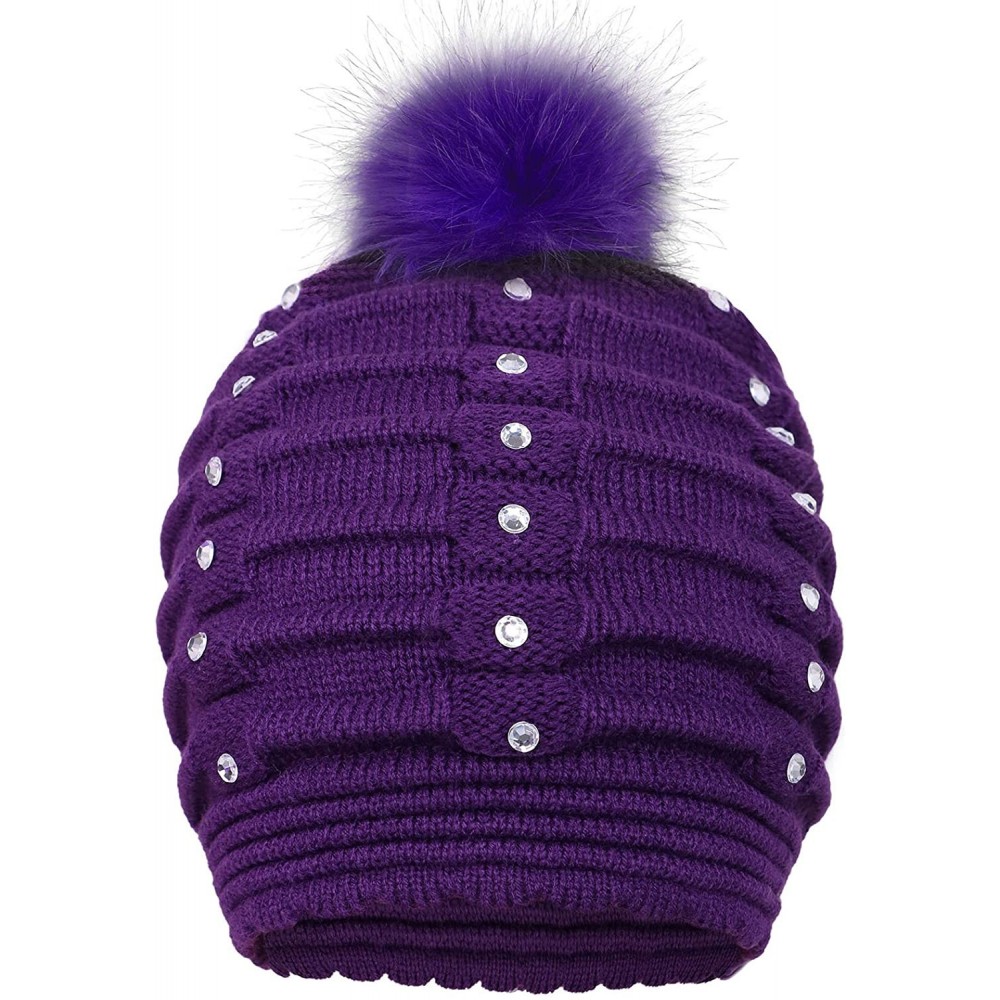 Skullies & Beanies Womens Faux Fur Pompom Knit Winter Beanie Hat w/Sequins - Purple - CZ188O37Z8A $11.67