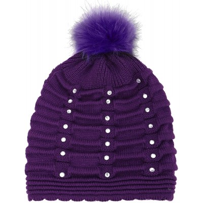 Skullies & Beanies Womens Faux Fur Pompom Knit Winter Beanie Hat w/Sequins - Purple - CZ188O37Z8A $11.67