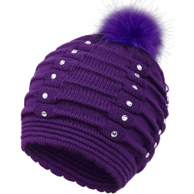 Skullies & Beanies Womens Faux Fur Pompom Knit Winter Beanie Hat w/Sequins - Purple - CZ188O37Z8A $11.67