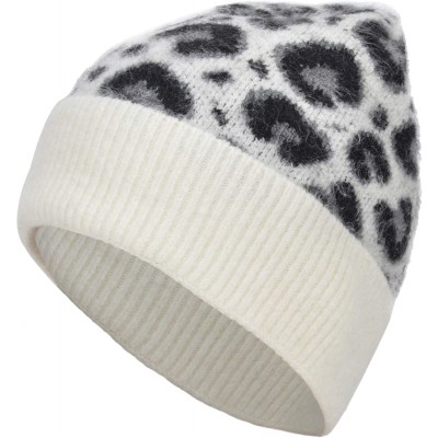 Skullies & Beanies Women Soft Knit Cuff Beanie Hat with Leopard Pattern Warm Winter Knit Beanie Skull Cap Knitting Hat - Whit...