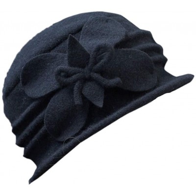 Berets Women 100% Wool Solid Color Round Top Cloche Beret Cap Flower Fedora Hat - 2 Black - C3186WWRWG8 $30.40