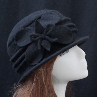 Berets Women 100% Wool Solid Color Round Top Cloche Beret Cap Flower Fedora Hat - 2 Black - C3186WWRWG8 $15.61