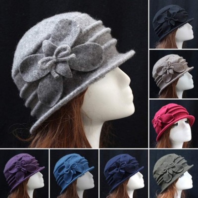 Berets Women 100% Wool Solid Color Round Top Cloche Beret Cap Flower Fedora Hat - 2 Black - C3186WWRWG8 $15.61