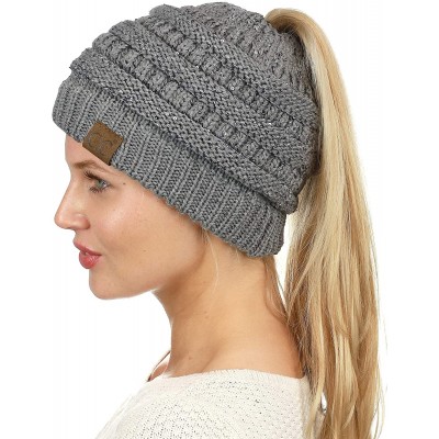 Skullies & Beanies BeanieTail Sparkly Sequin Cable Knit Messy High Bun Ponytail Beanie Hat - Light Melange Gray - C018HD8XR5I...