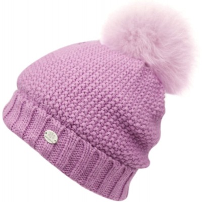 Skullies & Beanies Womens Girls Knitted Fur Hat Real Large Raccoon Fur Pom Pom Beanie Hats - Bn3042lavender - C718K5AR2NY $9.68