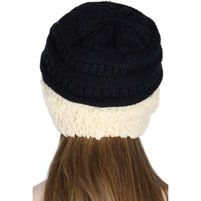 Skullies & Beanies Winter Hats for Women Beanies for Women Cable Knit Double Layer Fur Fleece Cuff Thick Warm Cap - Black/Bei...