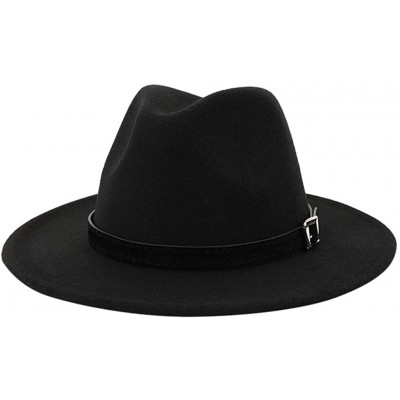 Fedoras Mens Fedora Hat Faux Felt Wide Brim Belt Buckle Cowboy Hat - D Black - C81933XHUCW $9.96