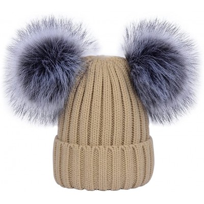 Skullies & Beanies Women's Winter Ribbed Knitted Beanie Hat with Double Faux Fur Pom Pom - Dark Beige - C41897K5OYT $12.22