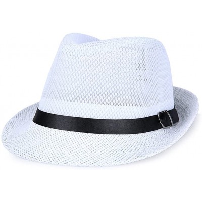 Fedoras Classic Short Brim Straw with Black Band Fedora Hat Caps - White - CJ12O415JTK $16.54