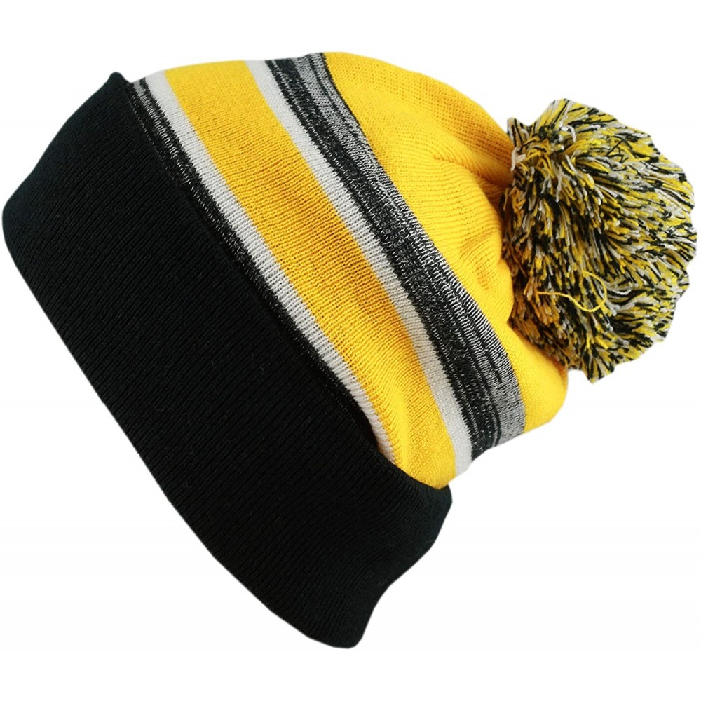 Skullies & Beanies Winter Soft Unisex Cuff Pom Pom Stripe Knit Beanie Skull Slouch Hat - Black&gold - CA18ISAD43E $12.44
