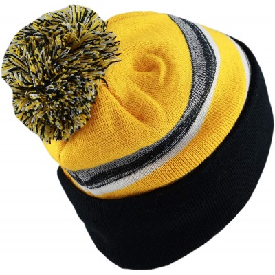 Skullies & Beanies Winter Soft Unisex Cuff Pom Pom Stripe Knit Beanie Skull Slouch Hat - Black&gold - CA18ISAD43E $12.44