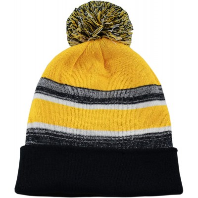 Skullies & Beanies Winter Soft Unisex Cuff Pom Pom Stripe Knit Beanie Skull Slouch Hat - Black&gold - CA18ISAD43E $12.44