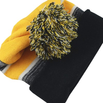 Skullies & Beanies Winter Soft Unisex Cuff Pom Pom Stripe Knit Beanie Skull Slouch Hat - Black&gold - CA18ISAD43E $12.44