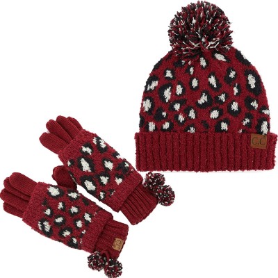 Skullies & Beanies ML-2-GH7001-64 Leopard Print Hat (pom) & Glove Bundle - Burgundy - CX193ZH2RU2 $23.29